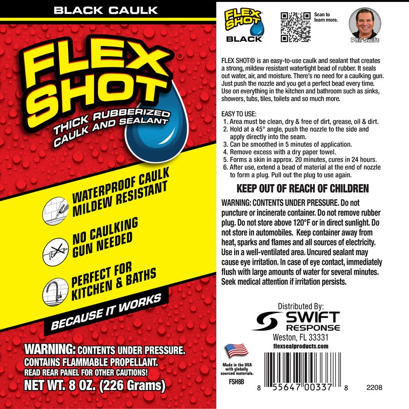 Flex Shot, Flexible Rubber Silicone Sealant, Waterproof Caulk, UV Resistant, No Caulk Gun Needed, Perfect for Kitchen, Bath, Showers, Sinks, Baseboards, Black, 8oz, 1-Pack - Image 2